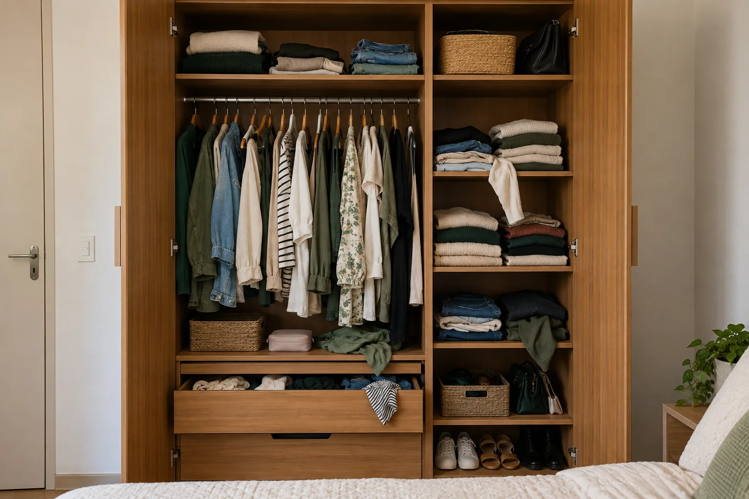 Guarda-roupa antes da organização, com pilhas irregulares, cabides misturados e gaveta sobrecarregada