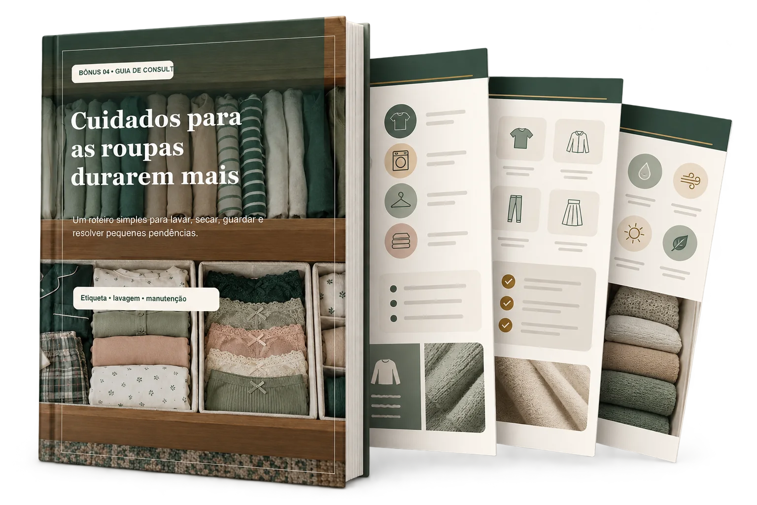 Material de cuidados com roupas e orientações visuais de lavagem e conservação